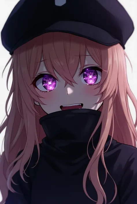 A blonde and tripped with peach pink long hair anime girl with oshi ko no purple star eyes with badness wearing black cap and  black mask laughing scary