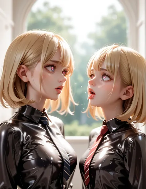 2 girls buttoned up in extremely tight shiny black latex blouse,Necktie,Medium hair, Blonde hair, Lens reflection, Reflected light, Make-up,heart-shaped pupils, Saliva trail, 