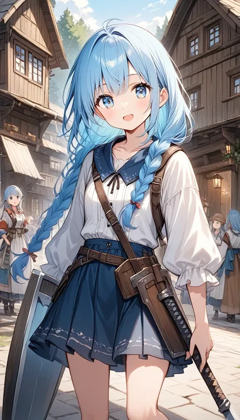 Girl、White Toso 、Led,Long Hair、Beautiful Hair、 long hair、Partial braids、 he looks at me with a strange expression.cute、Blue Eyes、12 Talents、village人、 shy frontal、fantasy rustic clothes、Light blue hair 、village、Wooden House、 shield equipment made of wood on...