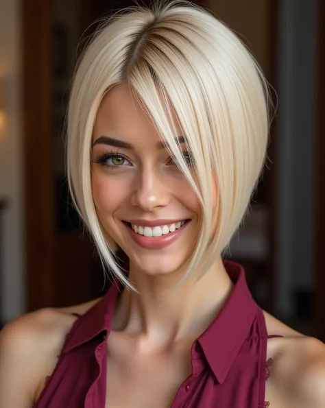 view from part side, full body of nexia a smiling young woman with a striking asymmetrical haircut:
hair is parted slightly off-...