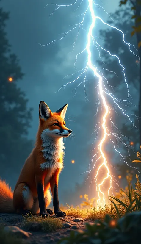 Create an image with a striking contrast between nature and energy. On the left side, depict a vibrant, detailed fox, showcasing its rich fur and curious expression. On the right side, illustrate a powerful lightning bolt, equal in size to the fox, crackli...