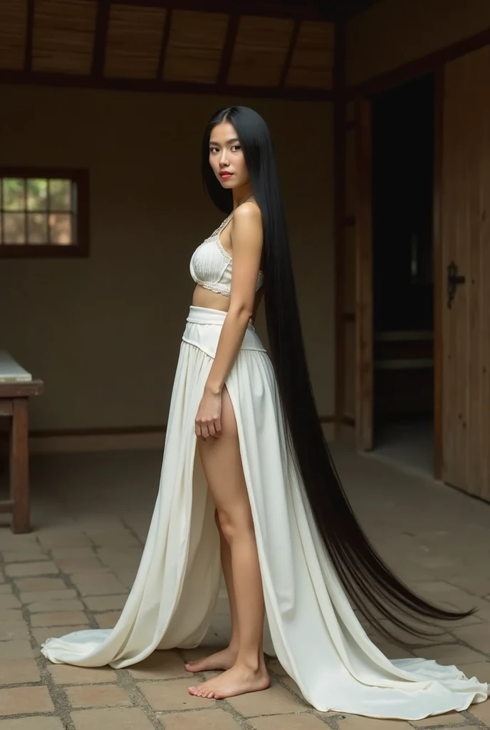   A white Uyghur beauty with black shiny long straight hair, Her legs are thin  。 She is wearing a white skirt  ，  standing on the floor of a thatched house，  Her hair is straight down to her ankles  ， It looks shiny and smooth  