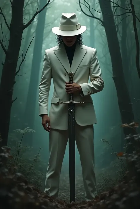 Michael Jackson wearing his white suit wearing his white chapel on his head,  holding a medieval sword with both hands in a sinister forest 