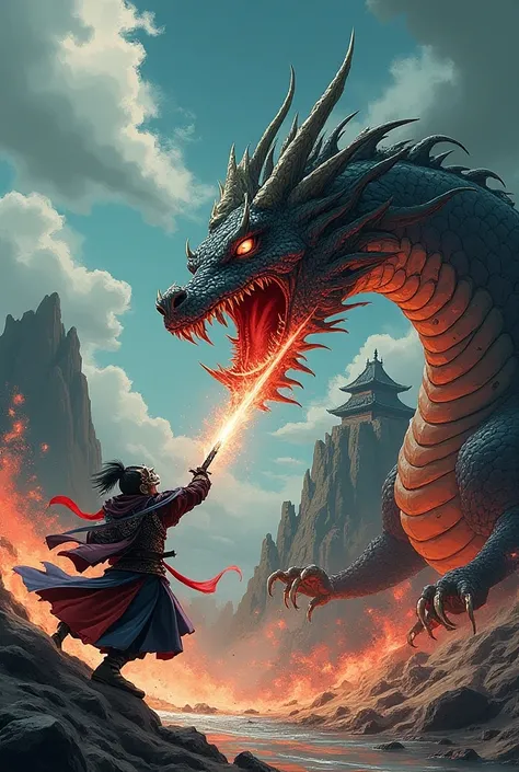 Beheading dragon. The dragons head was cut off. Epic fighting scene like japanese manga