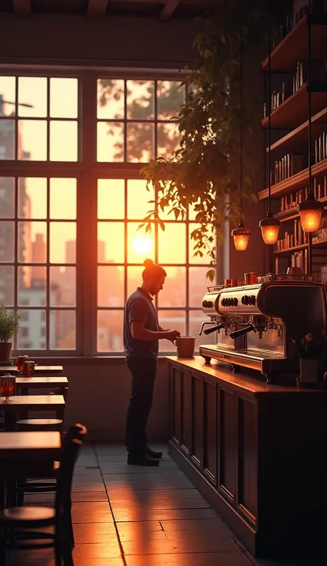 Prompt 3: Café at Dusk

A quaint, rustic café at dusk, where the orange hues of the setting sun filter through the large, paned windows. The light reflects off the metal surfaces of the coffee machines, casting a warm glow across the wooden tables and chai...