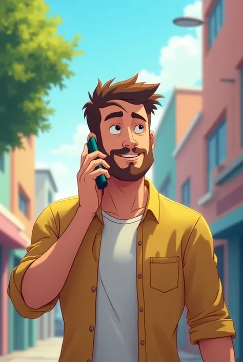 Create an animated image of a man in his mid-30s, casually talking on his cell phone. He has short hair, is wearing a button-up shirt, and is standing with a relaxed posture. Make sure theres extra space above his head, and keep the background simple with ...