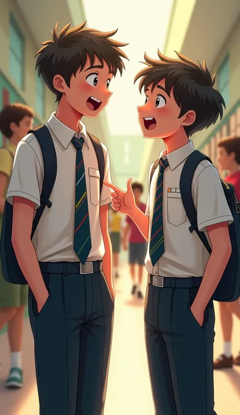 
vously while the other is listening. The background includes the school corridor with some other students walking around friend will a boy were school dress they will each boys 
