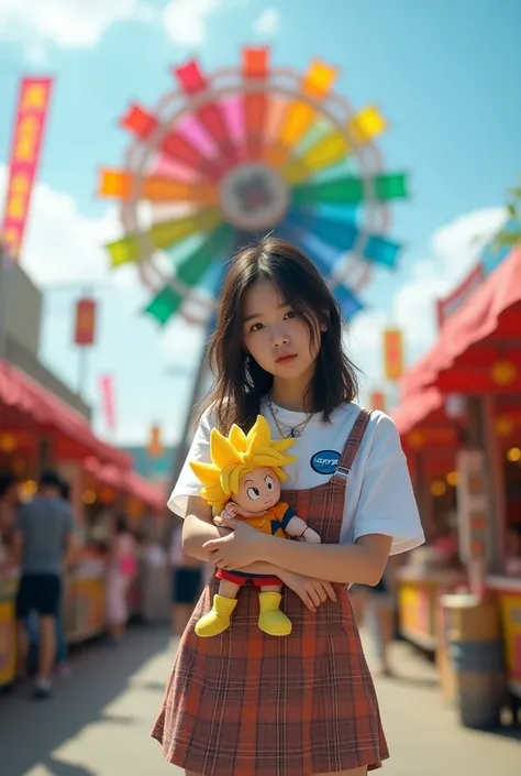 Big windmill game night market with colorful colors of blue bakgrond rainbow featuring a korean girl with disheveled hair photo post on a windmill in the style of a model wearing flannel dress daleman white t-shirt with jogja logo short skirt yellow sneake...