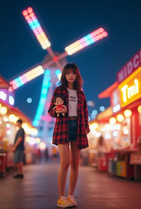 Big windmill game night market with colorful colors of blue bakgrond rainbow featuring a korean girl with disheveled hair posting a photo post in front of a windmill in the style of a model wearing a flannel shirt daleman white t-shirt with a jogja logo sh...