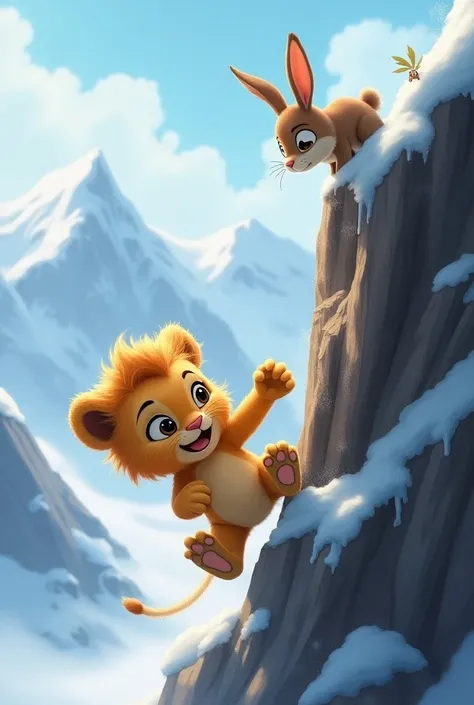 A cute little lion cub is falling from the top of a mountain and he doesnt fall but is trying to save himself with his hands. And the rabbit is on the top of mountain to safe the small cute lion 