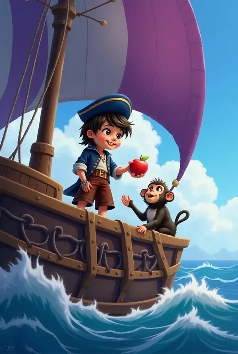  At sea, on a ship with purple and blue sails, a young young boy is having fun,  in her other paw and he holds a little monkey by the paw , handing her an apple .