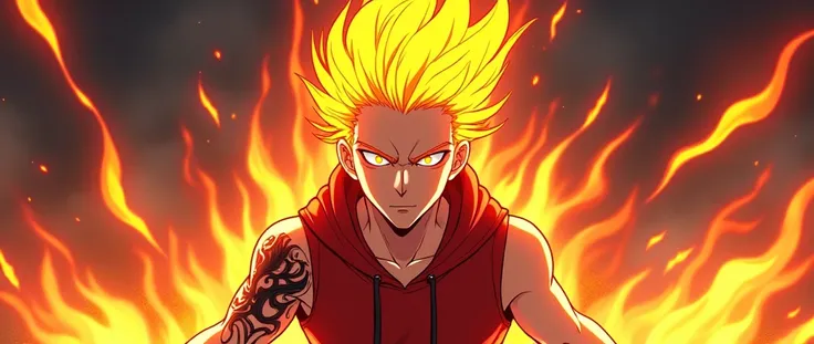 anime, guy, flaming head, orange glowing eyes, red sleeveless hoodie, fire powers, black fire tattoo on right arm, high quality, flaming body