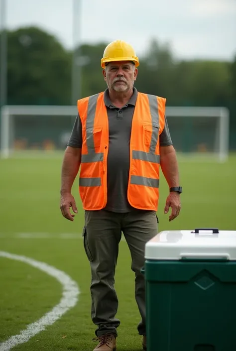 Create an image of a man wearing a construction vest centered on a cooler on a soccer field 