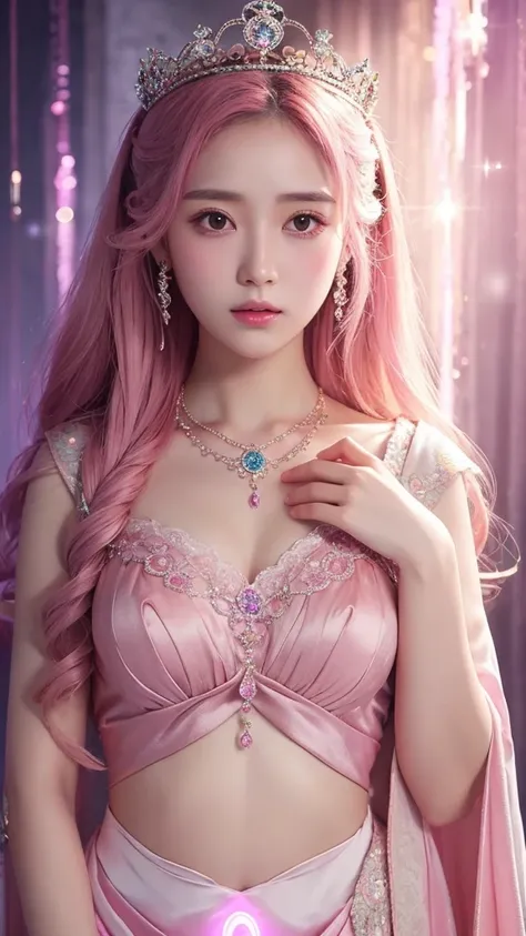 goddess　pale pink
Upper body 　crown　 mysterious
Aura in the background　 facing the front　Clothes up to the neck 

