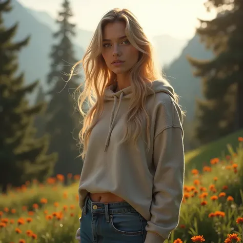 a beautiful 18 year old woman, tight jeans, sexy hoody, plants, sunlight, soft lighting, relaxed pose, realistic, highly detailed, warm colors, blonde straight hair, nature, trees, mountains, photorealistic, masterpiece, 8k, ultra-detailed, dslr, professio...