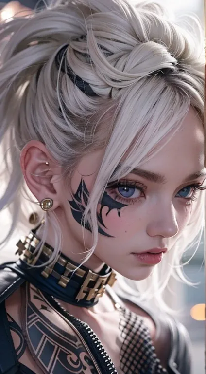  the first theme prompt was ::。:
"( Redeem, 8k, 32K, Tabletop:1.3),  very detailed , (Realistic:1.4), white, albino, Punk Girl, fine grain,  upper body, Luxurious punk hair,  edgy punk fashion, avant-garde makeup , Many piercings, A body covered in tattoos...