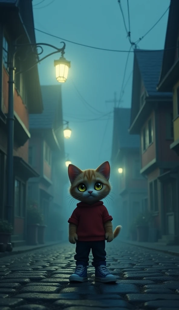 Show a small, foggy town at night, dimly lit by streetlights. In the foreground is the baby cat character with a round face, big expressive eyes, wearing a red shirt, black pants, and blue sneakers. The cat stands silently in the middle of the cobblestone ...