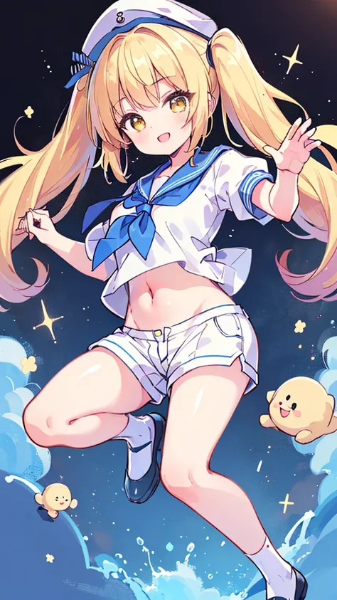 Twin-tailed golden-haired girl in sailor suit, Visible navel, Wear a hat and pants.a drawing of an anime character, clean line drawings, ultra cute girl, ultra cute face, ultra detailed eyes, ultra detailed hair, ultra cute, ultra beautiful, ((high end)), ...