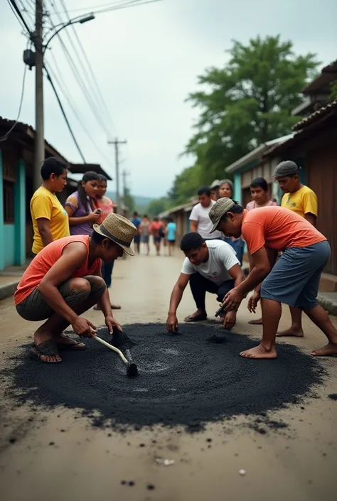 Neighbors in Guatemala see how other neighbors cover a hole in the street with asphalt. 