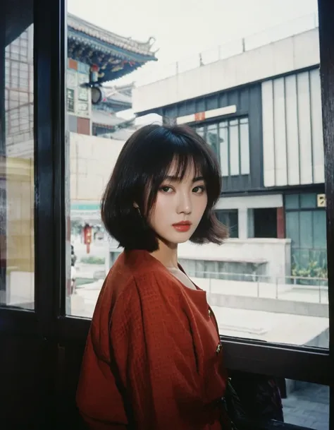  Vintage Photographs , Portrait of a young Chinese woman standing by the window of the newest building in the , analogフィルム,  Wearing Trendy 1970s Clothes and Haircuts, Detailed facial depiction、 detailed skin texture 、,Detailed hair depiction、 Detailed Out...