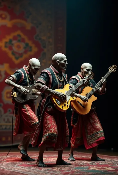 Three zombies wearing black Hmong costumes are playing in a band.