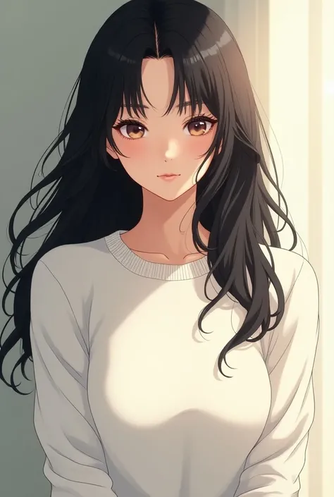 Manga style,Anime Style，Mature Woman,40 years old,One woman,White sweater，Black Hair