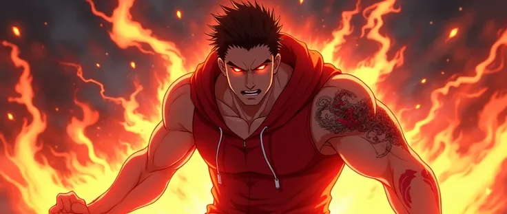 fire power, orange glowing eyes, anime guy, high quality, red fire tattoo right arm, red sleeveless hoodie, red electricity