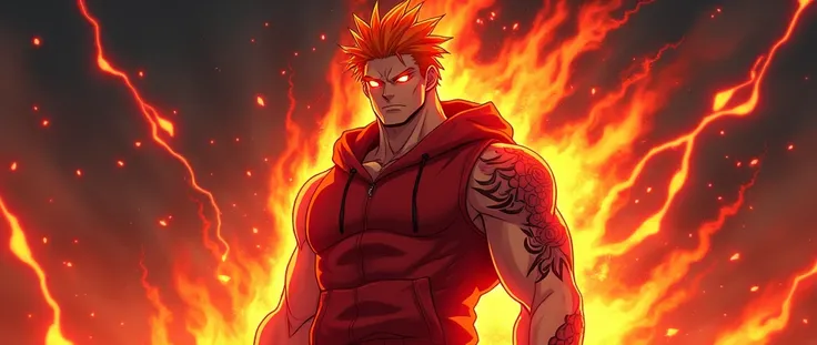 fire power, orange glowing eyes, anime guy, high quality, red fire tattoo right arm, red sleeveless hoodie, red electricity, orange hair