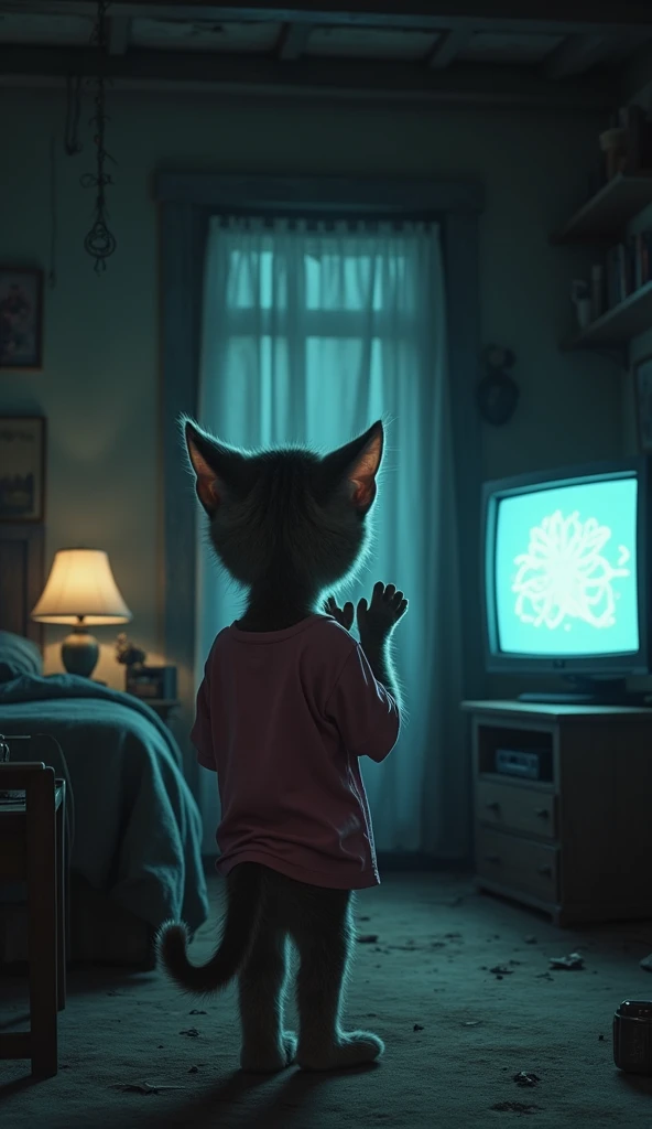  a dull kitten wearing a torn pink t-shirt ,  is seen from behind he is clapping while he is standing behind ,  foreground of ren clutching their sticks playing playstation, there is a tv and playstation , The background inside the shack house is as dark a...