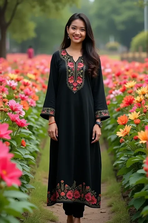 Bangladeshi young woman, standing in beautiful flower garden, wearing black kameez, hibiscus flower painting on kameez neck, hibiscus flower painting on kameez bottom along knees, black pajama, high shoes,
Watch in hand, smile on face