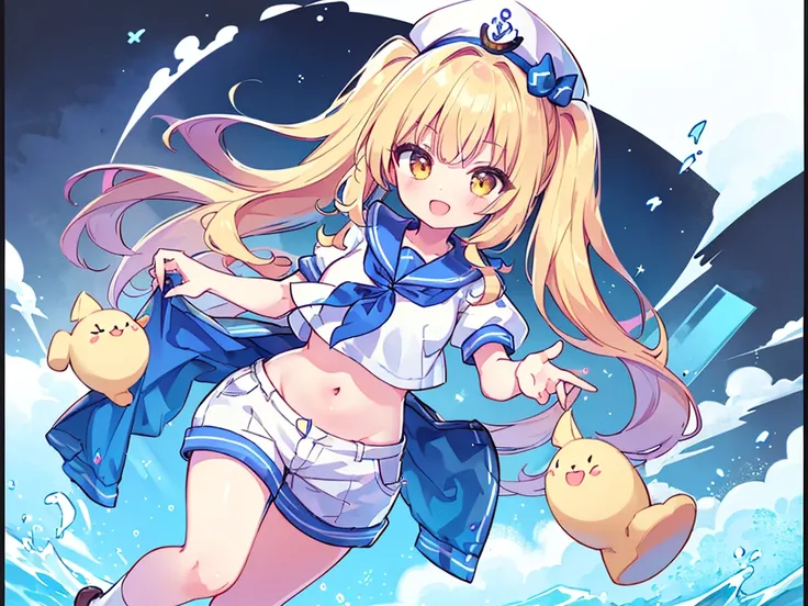 Twin-tailed golden-haired girl in sailor suit, Visible navel, Wear a hat and pants.a drawing of an anime character, clean line drawings, ultra cute girl, ultra cute face, ultra detailed eyes, ultra detailed hair, ultra cute, ultra beautiful, ((high end)), ...