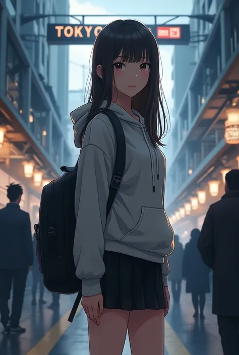 ((best quality)), ((masterpiece)), (detailed), 1girl, 
Tokyo Station platform、Japanese pretty girl,21 years old、Asia girl, petite and slender girl 、 Long Straight Hair 、 hoodie、 Black Miniskirt 、 next to the letters Tokyo and it is a crowded station with l...