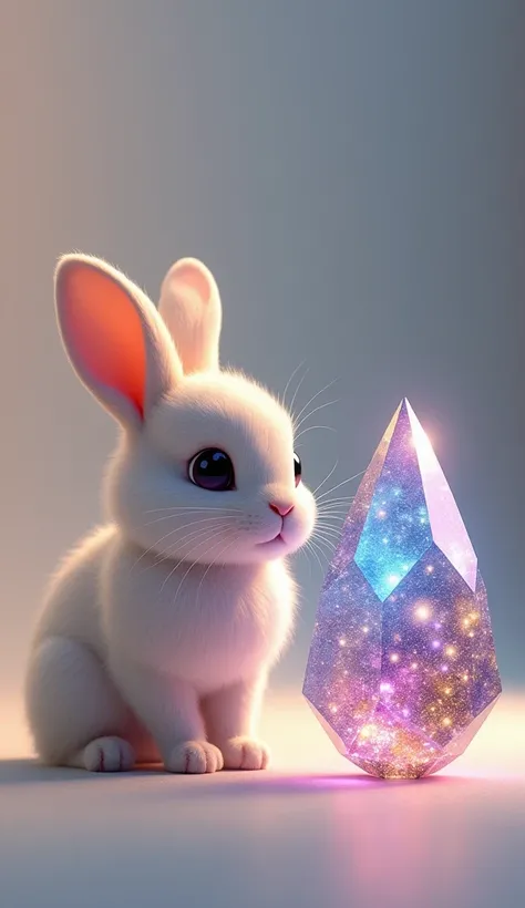 Create an image with a cute, realistic rabbit on the left side, standing calmly and looking curious. On the right side, depict a beautiful cosmic energy gem, glowing with vibrant colors like blue, purple, and gold.

The background can be a soft, neutral se...