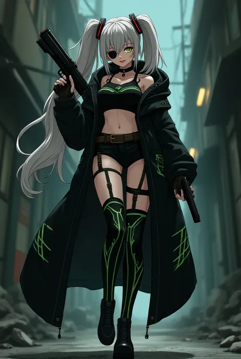  twin tails with lots of hair ,Gray Hair,Golden Eyes, Cyberpunk, HOODED LONG COAT WITH EMERALD GREEN LINE WITH BLACK BASE, shorts with green lines on a black base , black garter belt on both hands , long boots with green lines on a black base ,He has guns ...