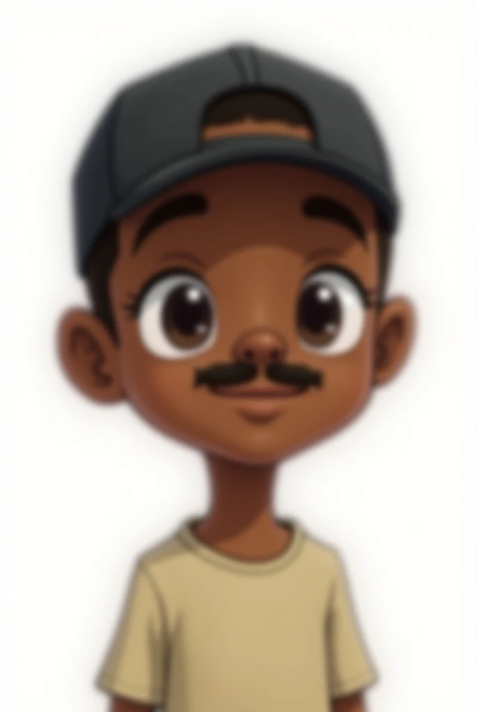 : un avatar numérique afracain de style chibi en 2D style anime comme les avatar de la chaîne youtube trash avec une tête moyenne, des cheveux rasé une casquette noir une petite moustache. Le personnage porte un t-shirt et parle a ses abonnés avec sourire ...