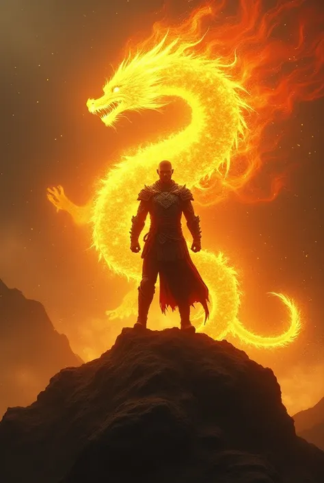  Describe a human warrior standing on top of a rocky mountain ,  with the spirit of a giant dragon behind him .  The dragon is made of golden light and intense red ,  illuminating the figure of the warrior with its brilliant light . The warrior is clearly ...