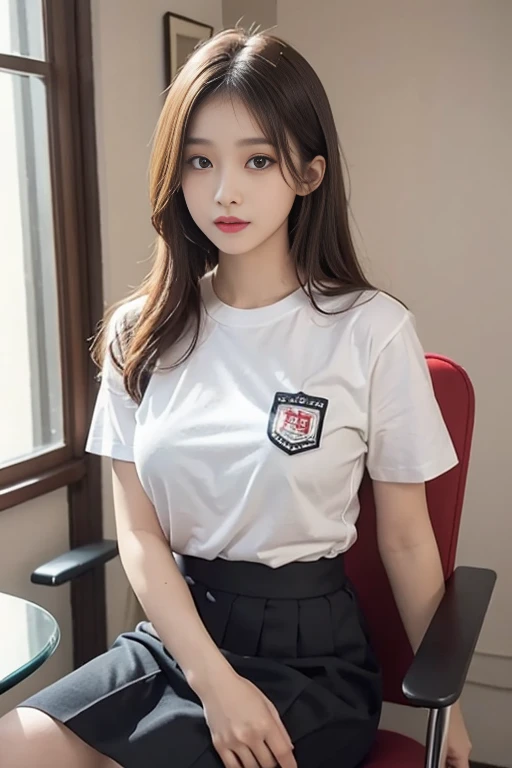 8K,  Ultra High Resolution ,  best quality, masterpiece,  Surrealist , photo,  1 girl at home,pretty girl, Cute face,office, perfect figure,Soft Light,Tight Fit,Short sleeve,Pleated Skirt,whole body, Sitting in a chair 