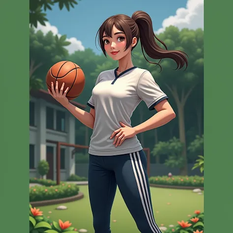 Realistic image of school sports t-shirt and dark blue yoga pants with white stripes. School from Indonesia 