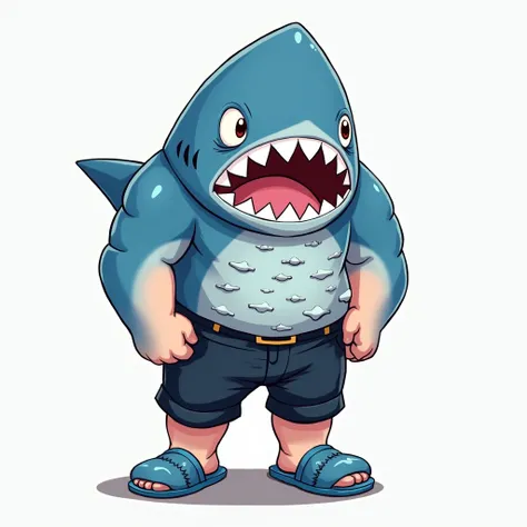 Cartoon style male character,  with a shark mask on the face like a shark biting the head, inosuke&#39;s chest, black and blue shorts with a blue shark slipper 