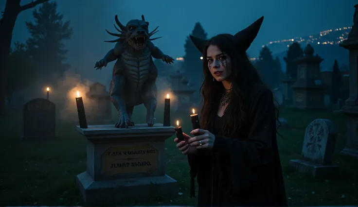 A bewitching scene unfolds: a female wizard, adorned with intricate Wiccan makeup, stands amidst a cemeterys crumbling headstones. Candles flicker, casting sharp shadows on the grave markers as moonlight casts an eerie glow. The air is thick with ethereal ...