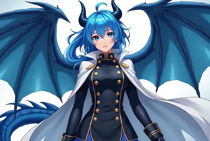 Make it anime style, a woman, with blue hair, pele morena, blue eyes,  a confident expression on her face , She has blue horns , blue dragon wings,  a blue dragon tail ,  she wears a black military uniform,  with a white cape over them 