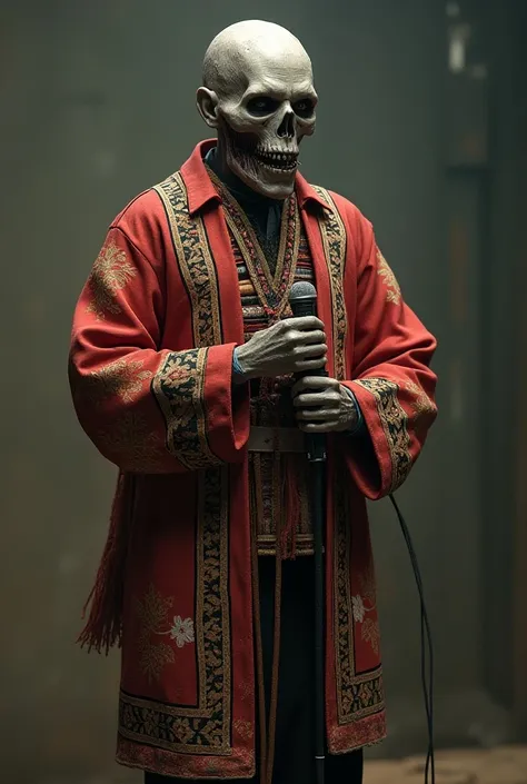 A rotten-looking zombie wearing a Hmong costume is standing and holding a microphone.