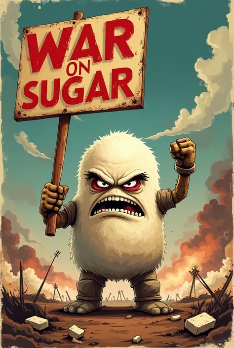 A poster with words "WAR ON SUGAR". Illustration sugar with angry eyes and holding signboard "No sugar". Background showing the war 