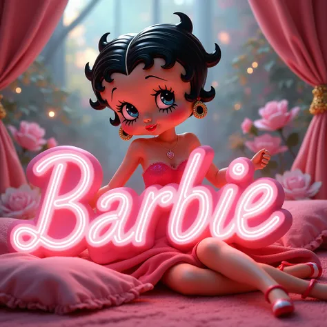 Betty boop, in movie “barbie”, movie “barbie” clothing, a major role, background “barbie“ classic scene, “barbie” wording in white pink bold font on the bottom, romance style 