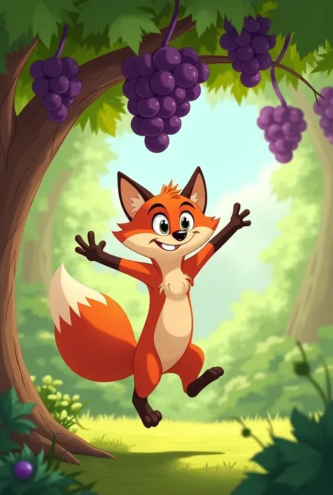 cartoon fox jumping to reach grapes but grapes too high