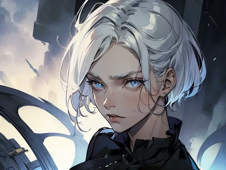 Young female, an evil demonic woman, white hair, blue eyes, short hair, arrogant mood