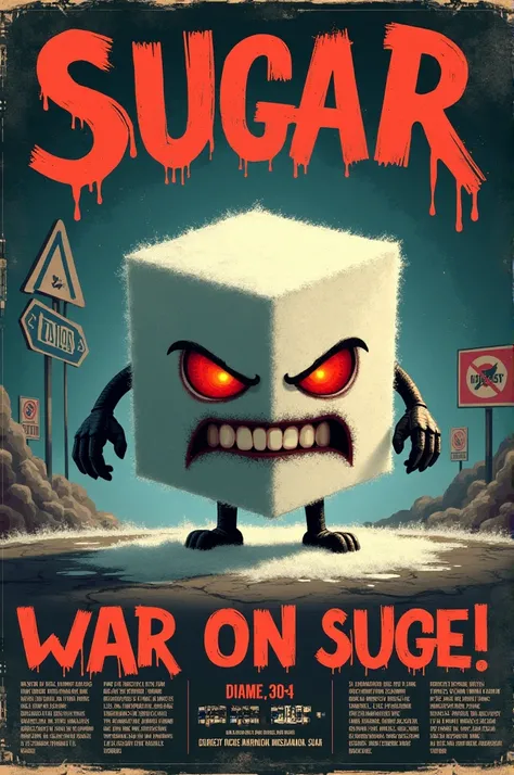 Poster war on sugar. (Angry sugar with evil eyes, signage of no sugar and diabetes, background showing the war, a few information added for the dangerous of sugar, and a few healthy information)