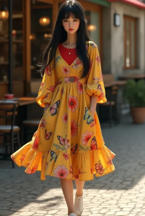 Realistic cute 2 1 French woman wearing red flared floral butterfly knee length sleeves party dress and red inner top, long heavy flared dress has pockets with white casual shoes has one side long smooth straight black hair n has one sided hairstyle n phot...