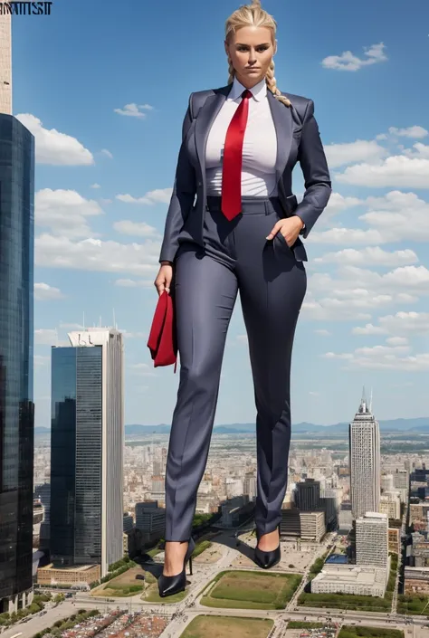 highly detailed giantess shot, giantess,  blonde hair in a braided ponytail, women who are 100’s miles tall, feet dwarfing a sky...