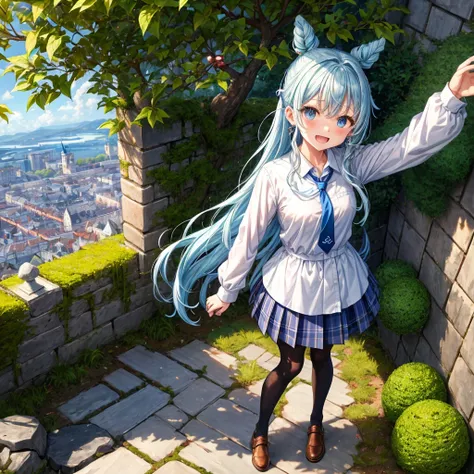 Light blue hair、Rainbow Eyes、Wavy Hair、Hair tied up、Two cute、 plaid miniskirt 、Black T-shirt、Long sleeve、and、 High Socks 、tie、Teeth are visible、Ice Castle、Tilting face、lawn、In front of the city gate、The stone is cracked、Uneven ground、Stone Wall、The road is...